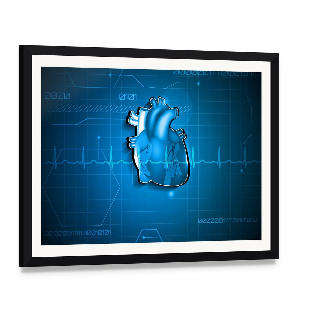 Glowing Blue Heart Data Visualization Canvas Wall Art, framed print with white mat and black frame, angled product view