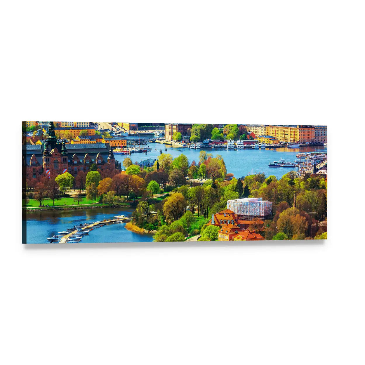 Gamla Stan Old Town Harbor View Panoramic Canvas Wall Art, single panel gallery wrapped canvas, angled product view