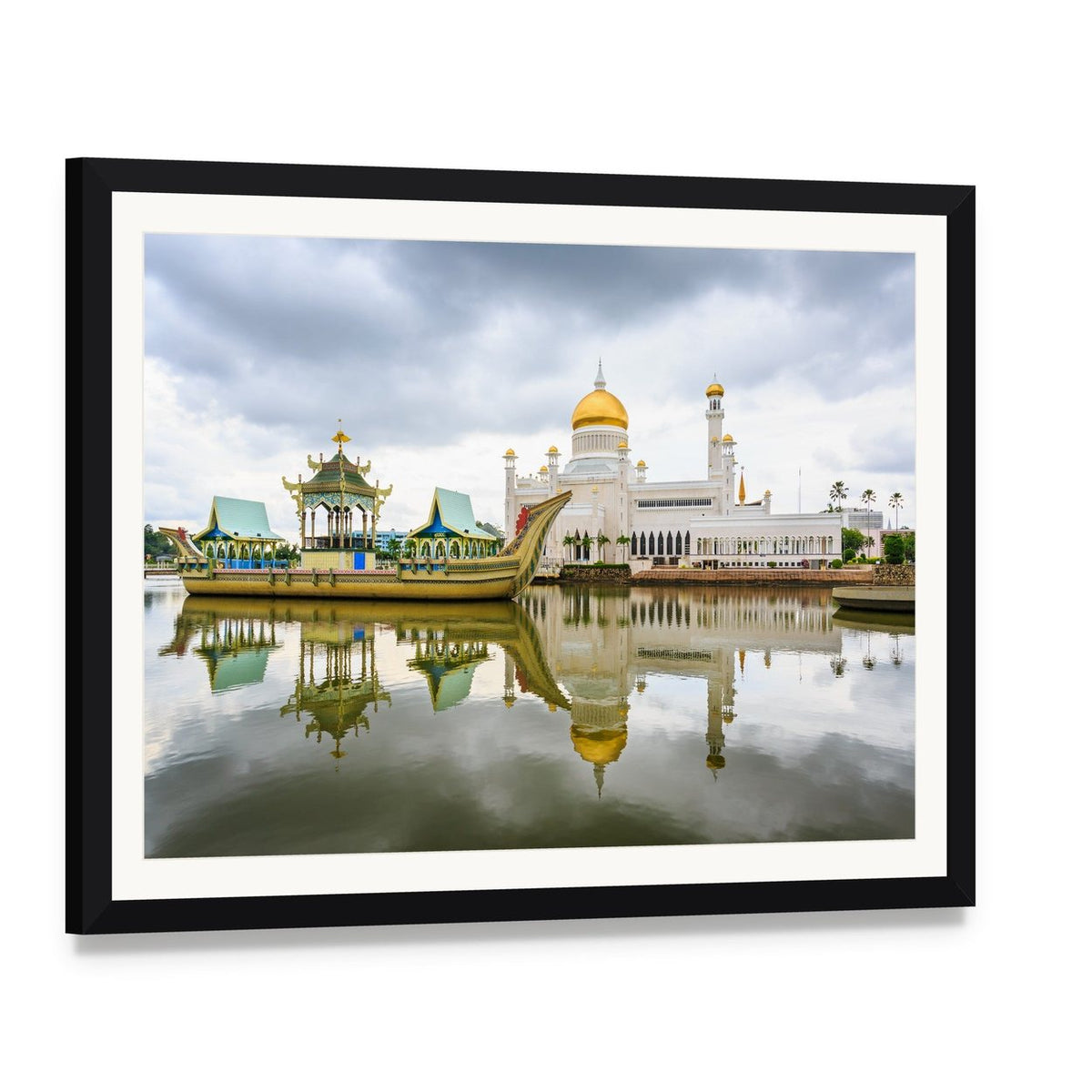 Omar Ali Saifuddien Mosque Reflection Canvas Wall Art, framed print with white mat and black frame, angled product view