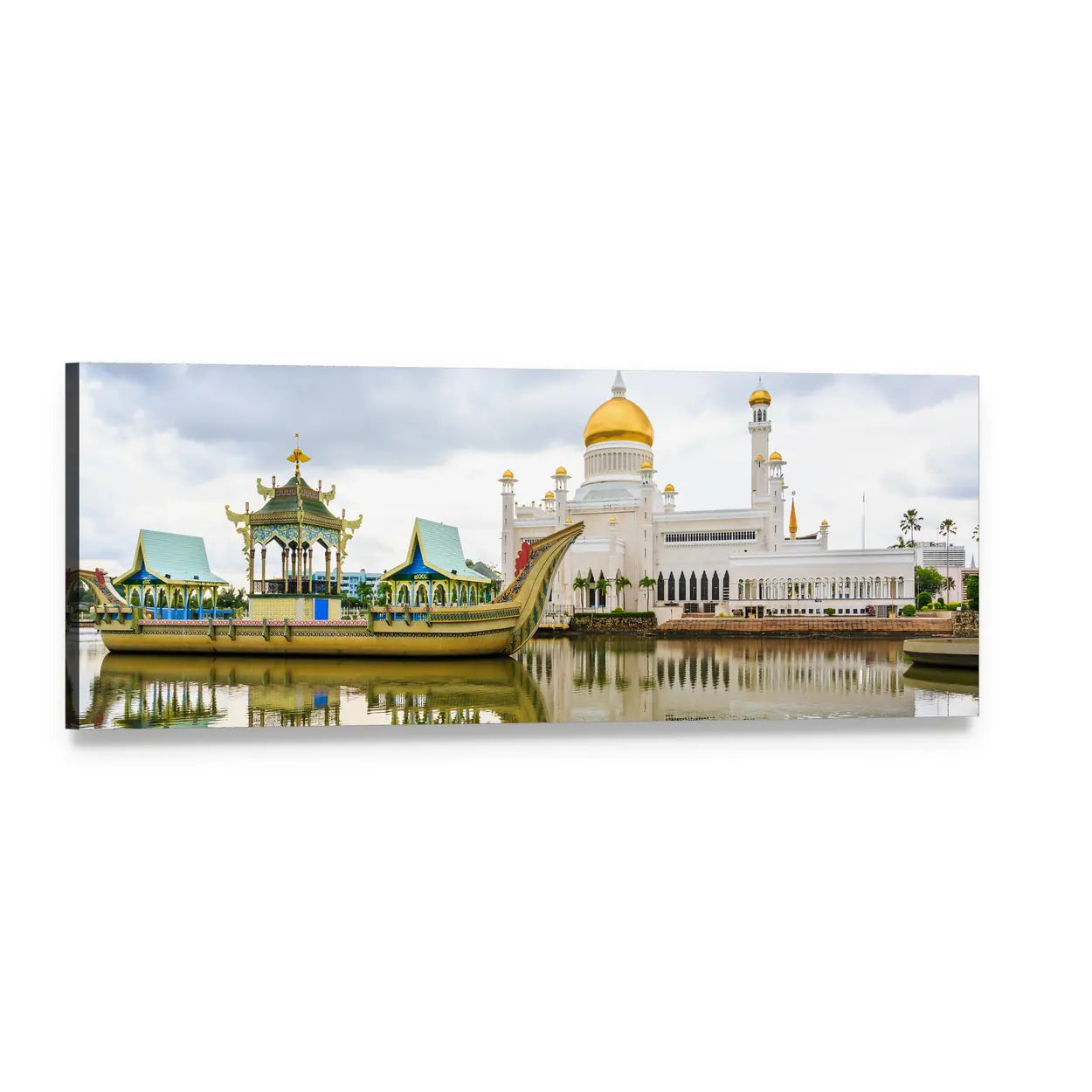 Omar Ali Saifuddien Mosque Panoramic Canvas Wall Art, single panel gallery wrapped canvas, angled product view