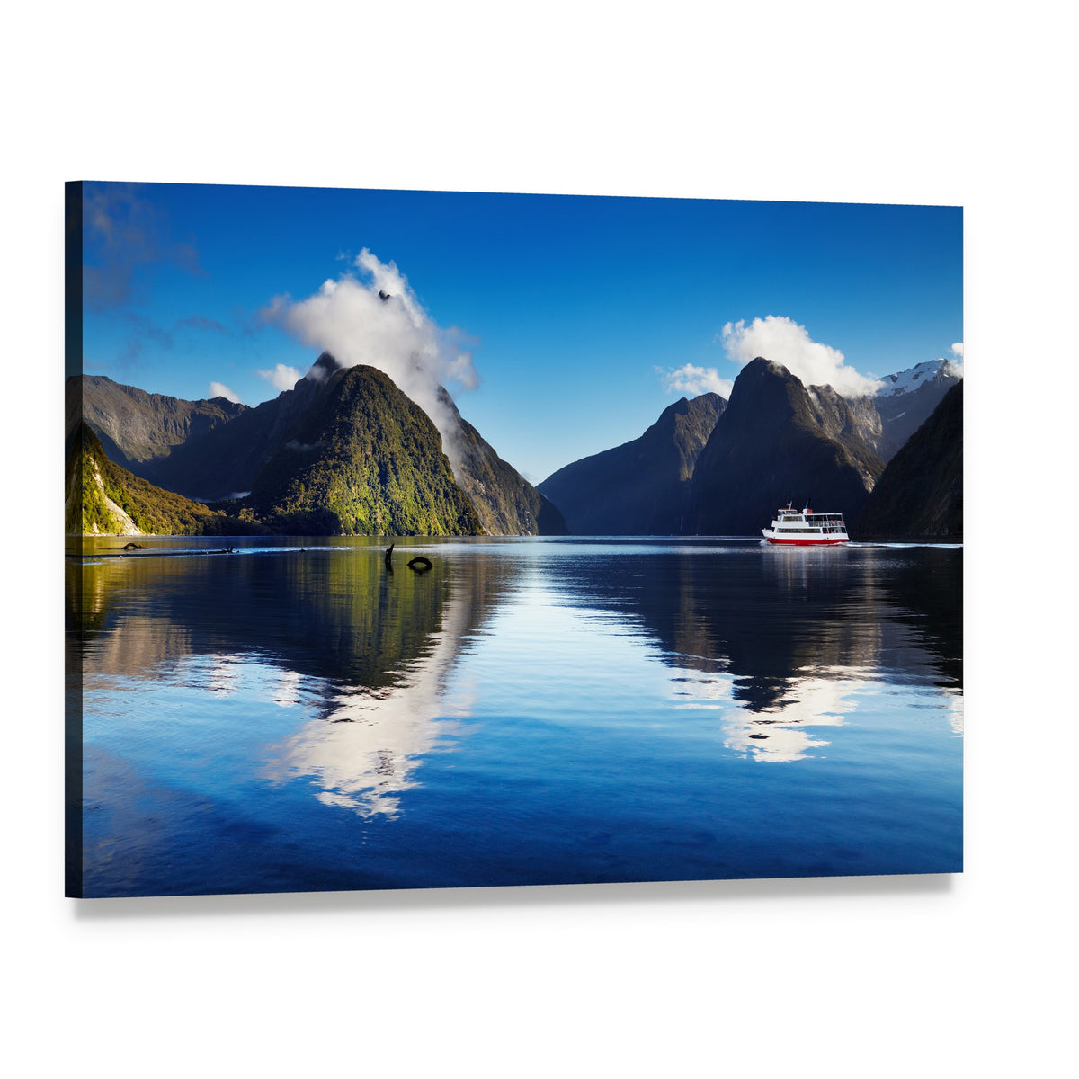 Red and White Boat at Milford Sound Canvas Wall Art, single panel gallery wrapped canvas, angled product view