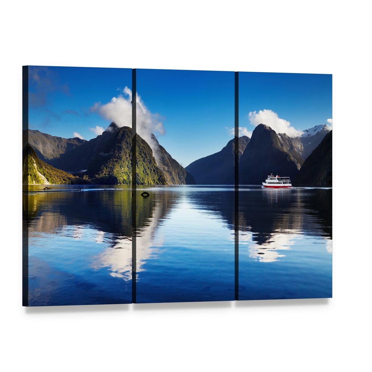 Red and White Boat at Milford Sound Canvas Wall Art, 3 panel 3 Horizontal layout gallery wrapped canvas set, angled product view