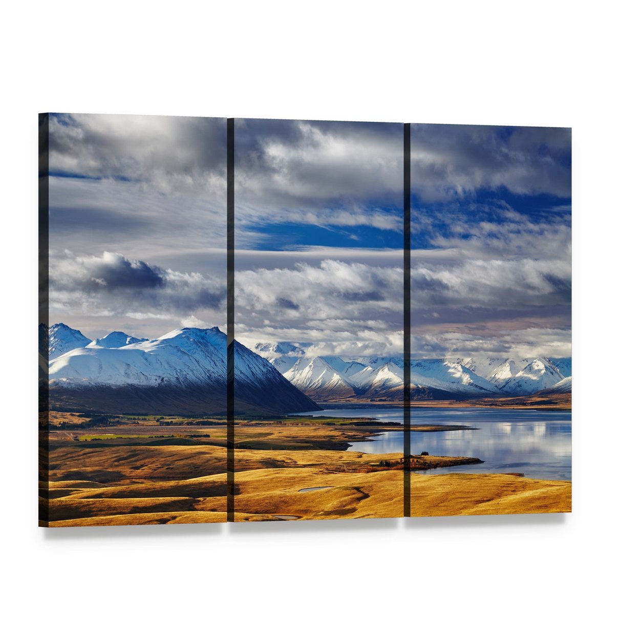 Southern Alps and Lake Tekapo Canvas Wall Art, 3 panel 3 Horizontal layout gallery wrapped canvas set, angled product view