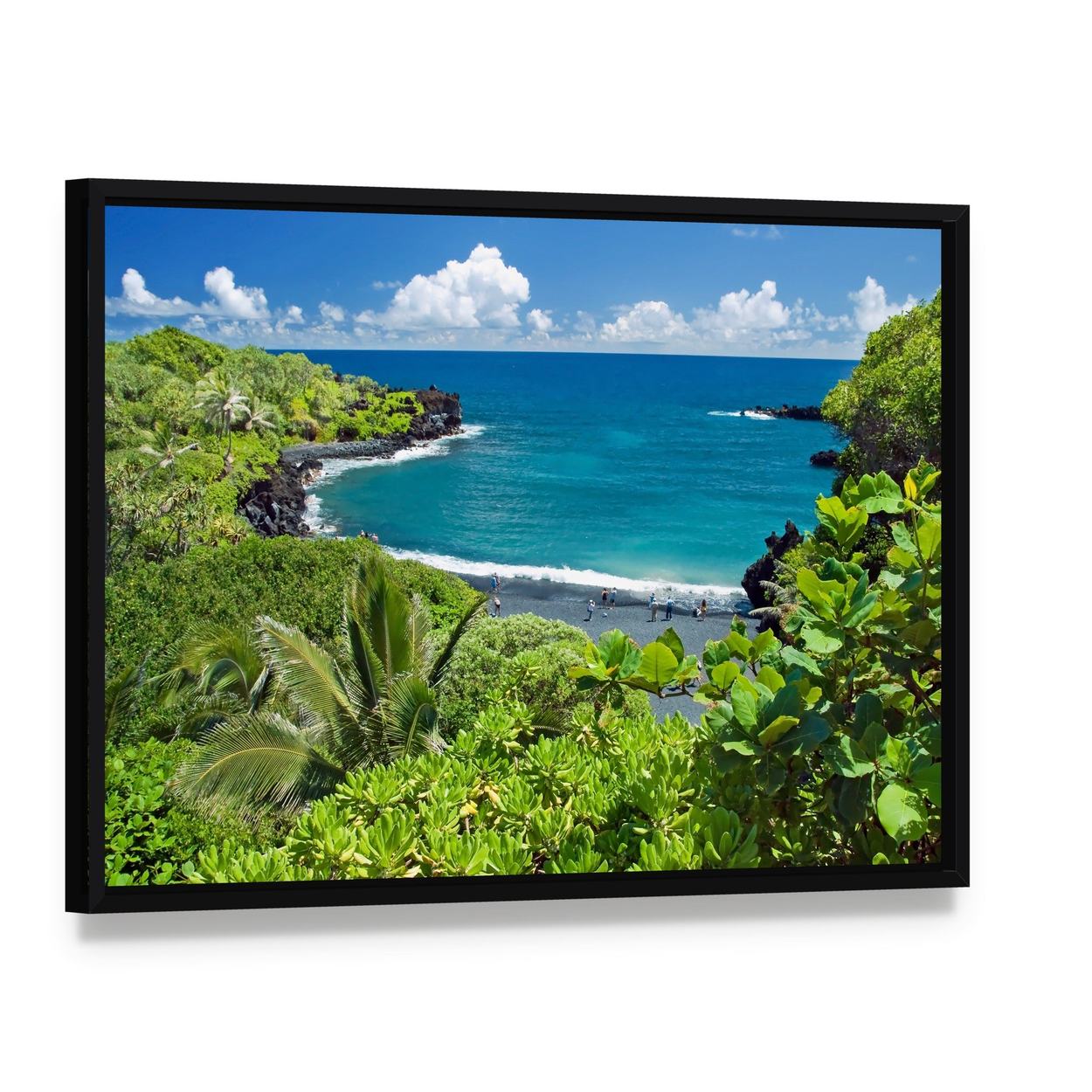 Maui Island Beach with Tropical Plants Canvas Wall Art, framed canvas in a black floater frame, angled product view