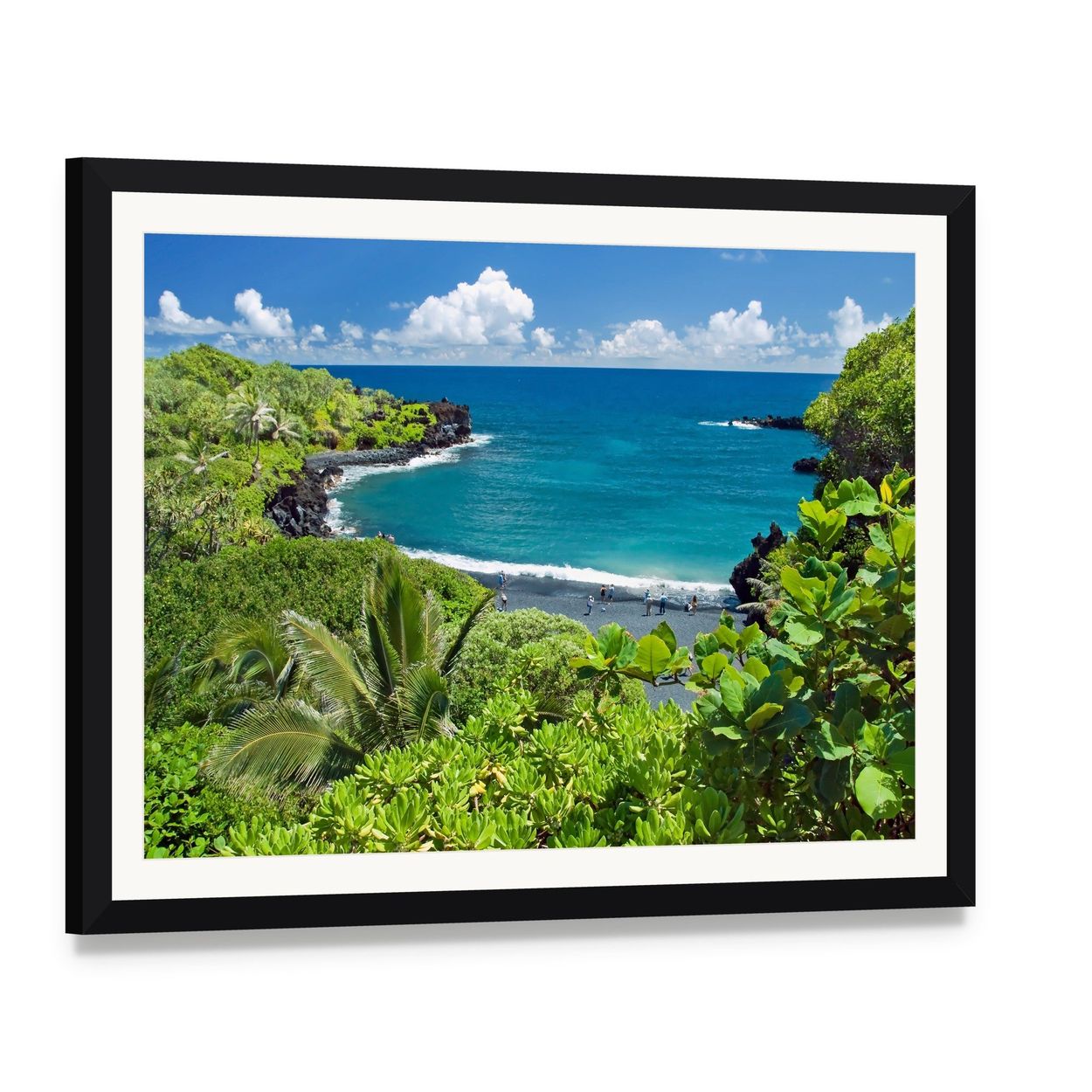 Maui Island Beach with Tropical Plants Canvas Wall Art, framed print with white mat and black frame, angled product view