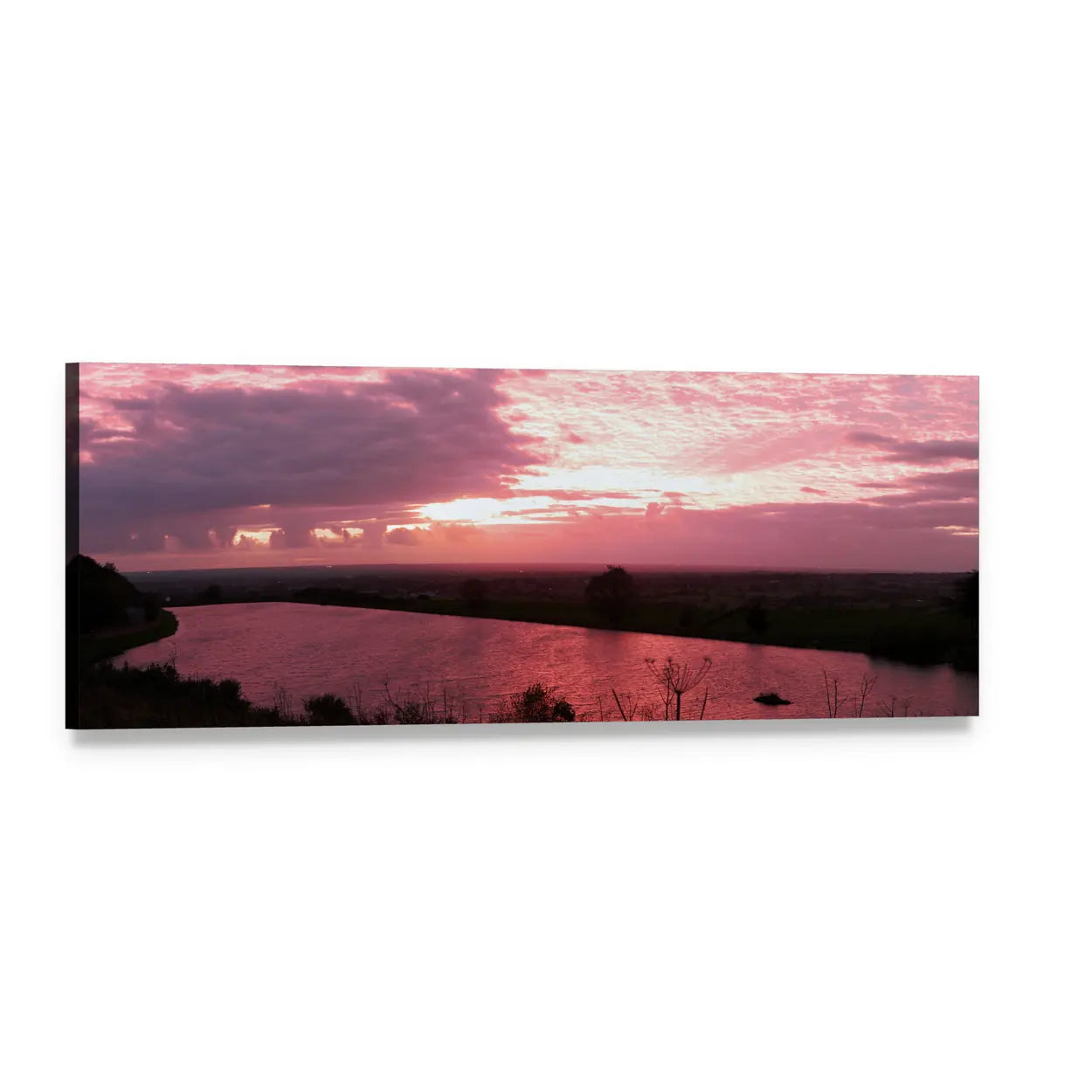Pink Sunset Lake Reflections Panoramic Canvas Wall Art, single panel gallery wrapped canvas, angled product view