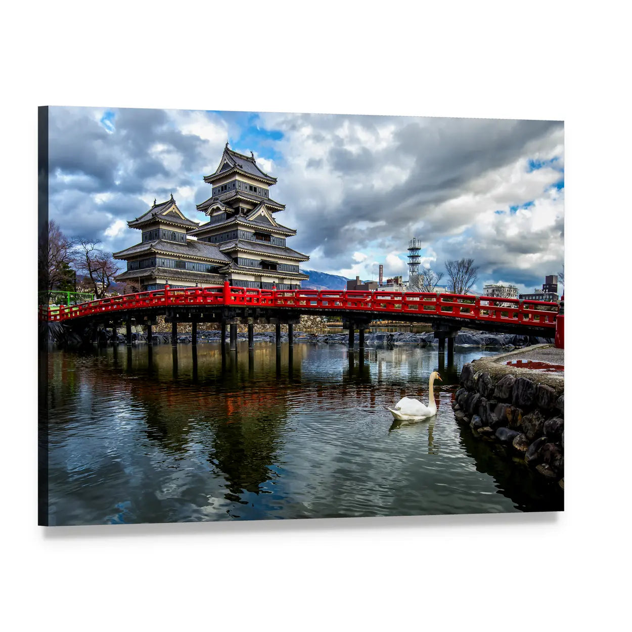 Matsumoto Castle with Red Bridge Canvas Wall Art, single panel gallery wrapped canvas, angled product view