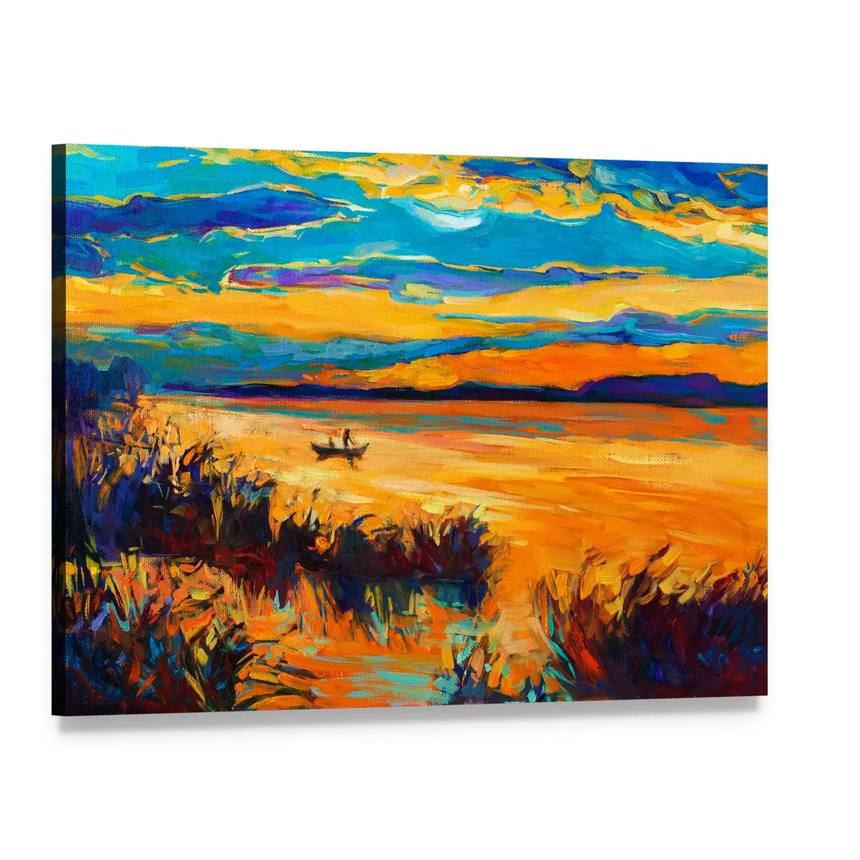 Rowboat on Lake at Sunset Canvas Wall Art, single panel gallery wrapped canvas, angled product view