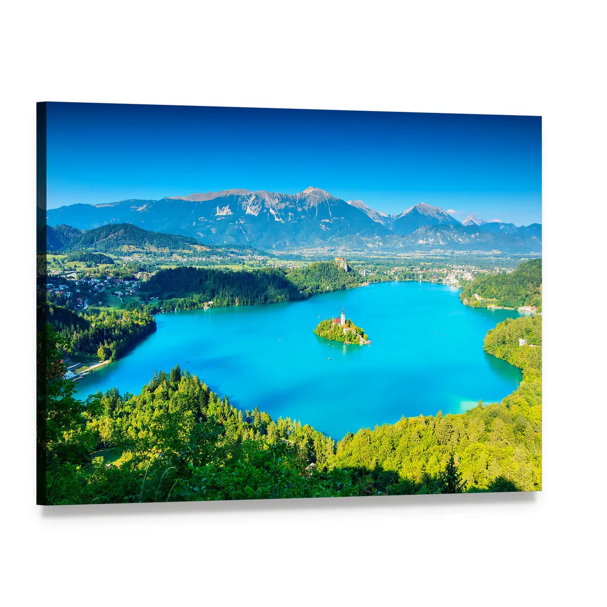 Lake Bled Island Church and Julian Alps Canvas Wall Art, single panel gallery wrapped canvas, angled product view