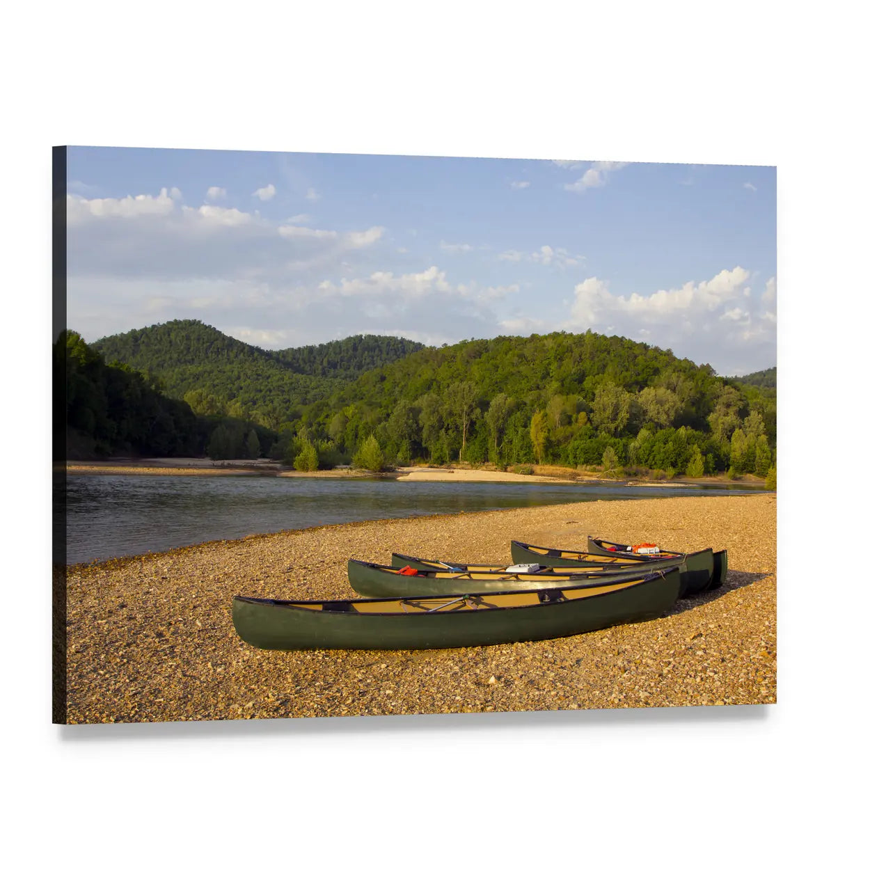 Three Green Canoes on the Buffalo Riverbank Canvas Wall Art, single panel gallery wrapped canvas, angled product view