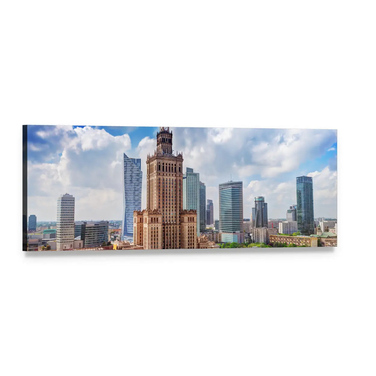 Warsaw Cityscape with Palace of Culture and Science Panoramic Canvas Wall Art, single panel gallery wrapped canvas, angled product view