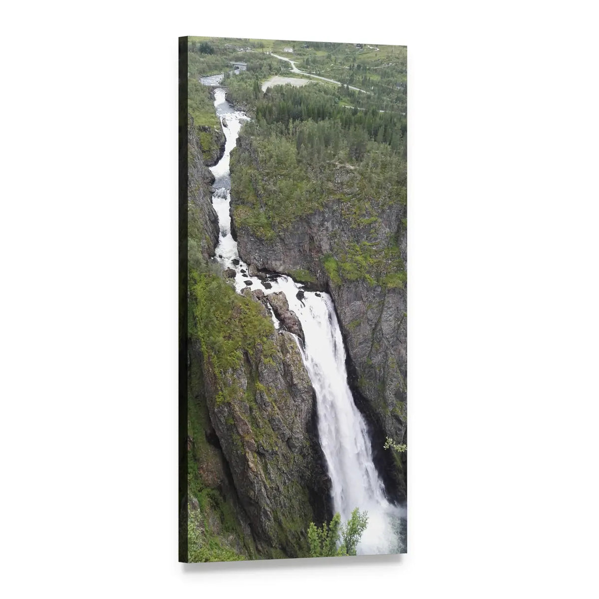 High Mountain Waterfall in Norway Vertical Canvas Wall Art, 1 panel 1 Vertical layout gallery wrapped canvas set, angled product view