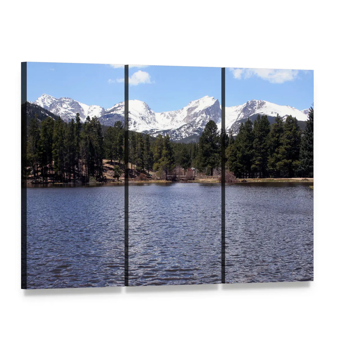 Peaceful Colorado Mountain Lake Canvas Wall Art, 3 panel 3 Horizontal layout gallery wrapped canvas set, angled product view