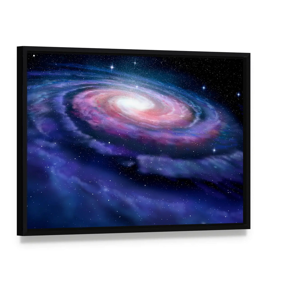 Milky Way Galaxy Canvas Wall Art, framed canvas in a black floater frame, angled product view