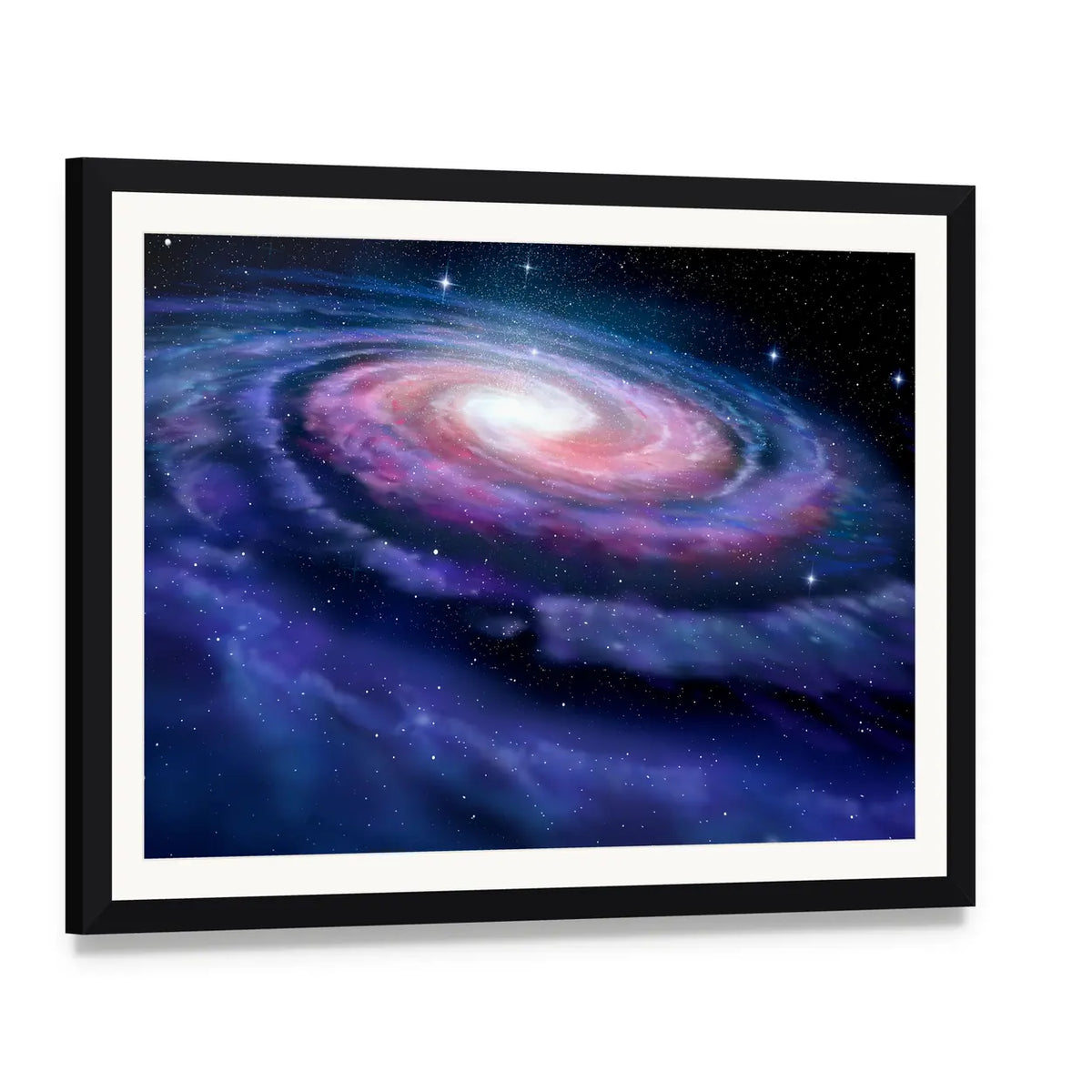 Milky Way Galaxy Canvas Wall Art, framed print with white mat and black frame, angled product view