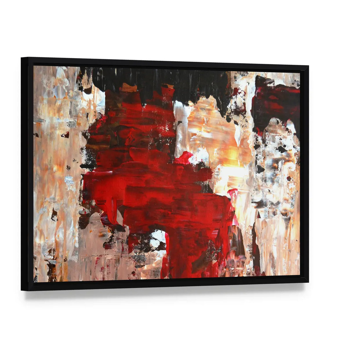 Bold Impasto Abstract in Red and Black Canvas Wall Art, framed canvas in a black floater frame, angled product view