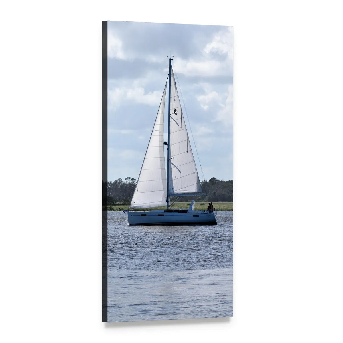 Sailboat on Calm River Vertical Canvas Wall Art, 1 panel 1 Vertical layout gallery wrapped canvas set, angled product view