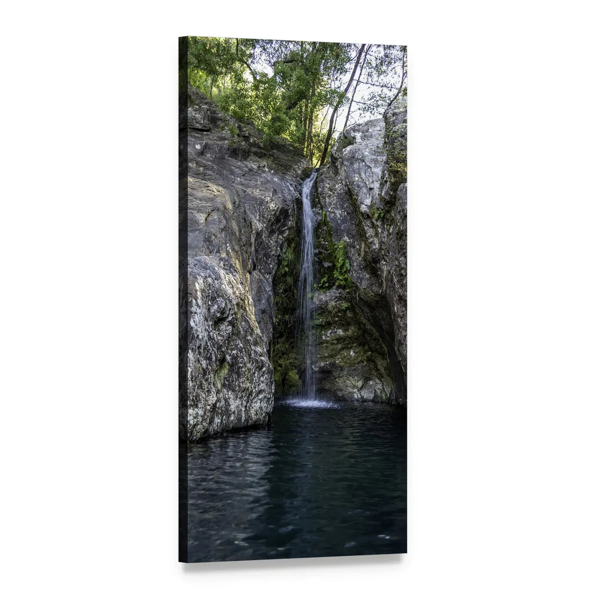 Forest Pond Waterfall Vertical Canvas Wall Art, 1 panel 1 Vertical layout gallery wrapped canvas set, angled product view