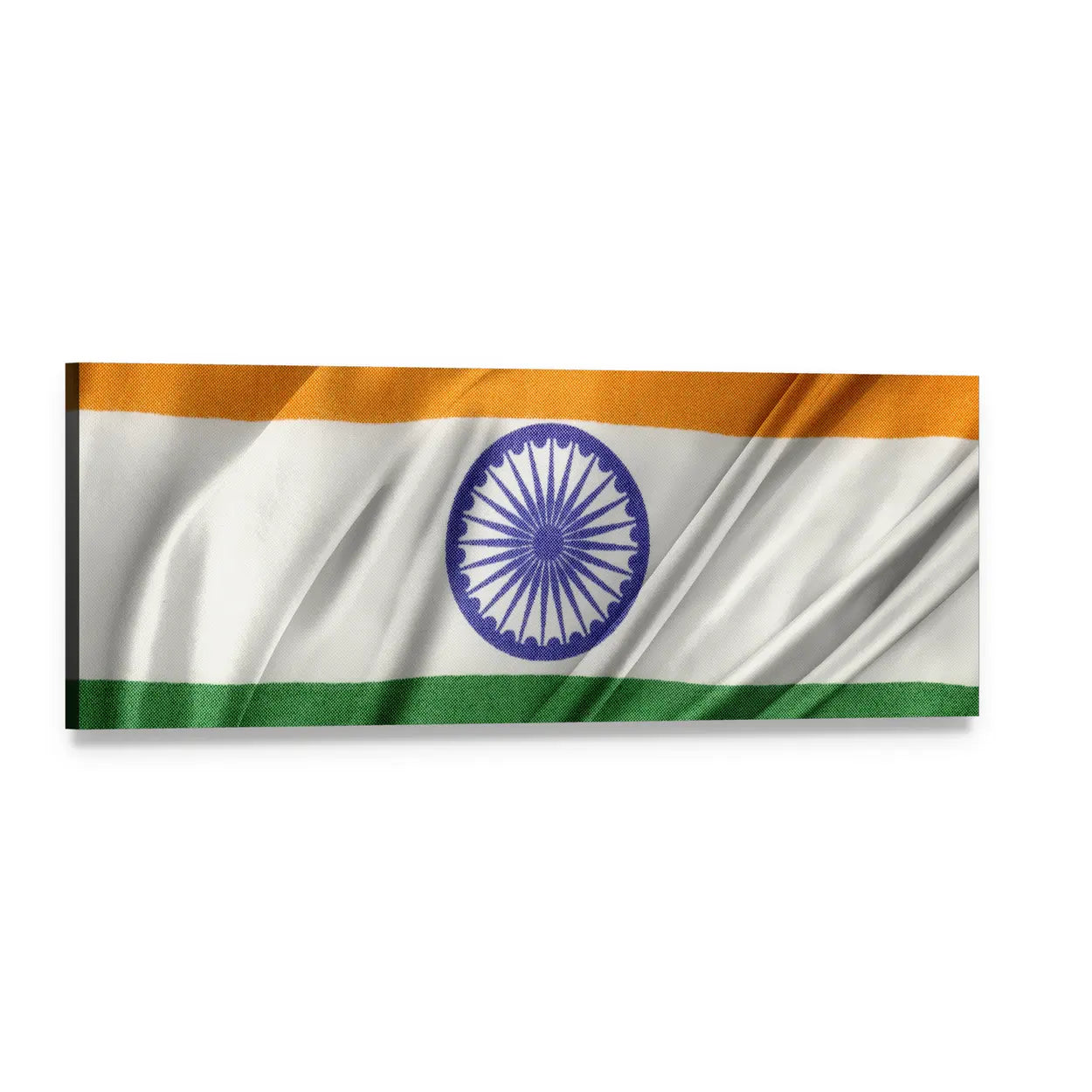 Indian Flag Close-up with Ashoka Chakra Panoramic Canvas Wall Art, single panel gallery wrapped canvas, angled product view