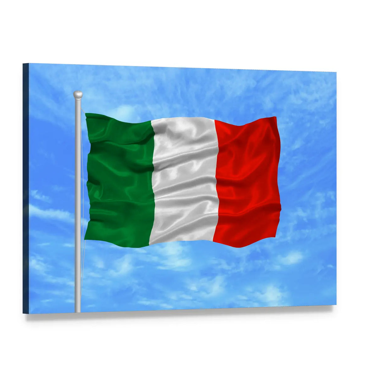 Italian Flag Waving in Blue Sky Canvas Wall Art, single panel gallery wrapped canvas, angled product view