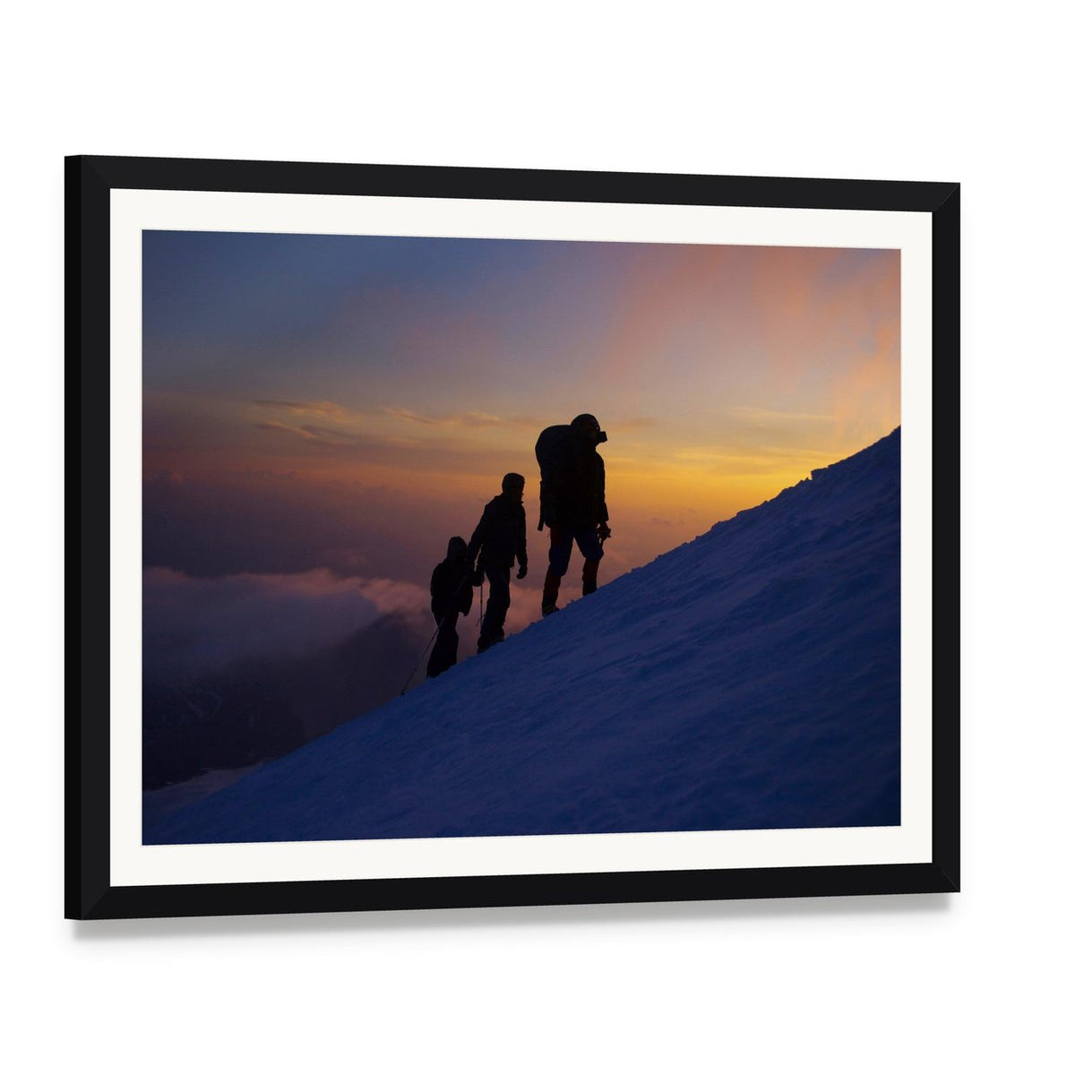 Climbers on Everest at Dusk Canvas Wall Art, framed print with white mat and black frame, angled product view
