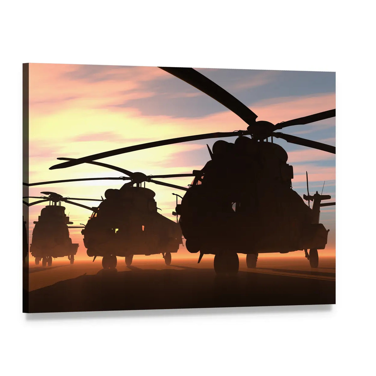 Two Military Transport Helicopters at Sunset Canvas Wall Art, single panel gallery wrapped canvas, angled product view