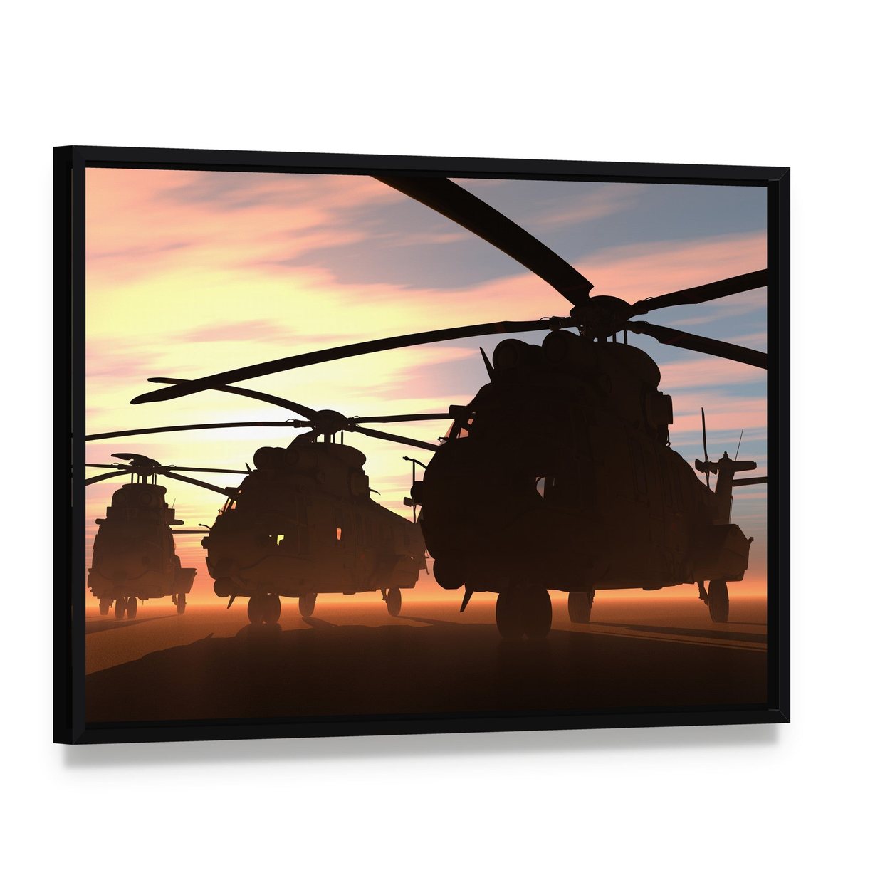 Military Helicopters Canvas Wall Art, framed canvas in a black floater frame, angled product view