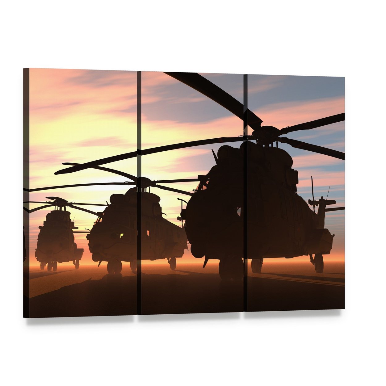Military Helicopters Canvas Wall Art, 3 panel 3 Horizontal layout gallery wrapped canvas set, angled product view