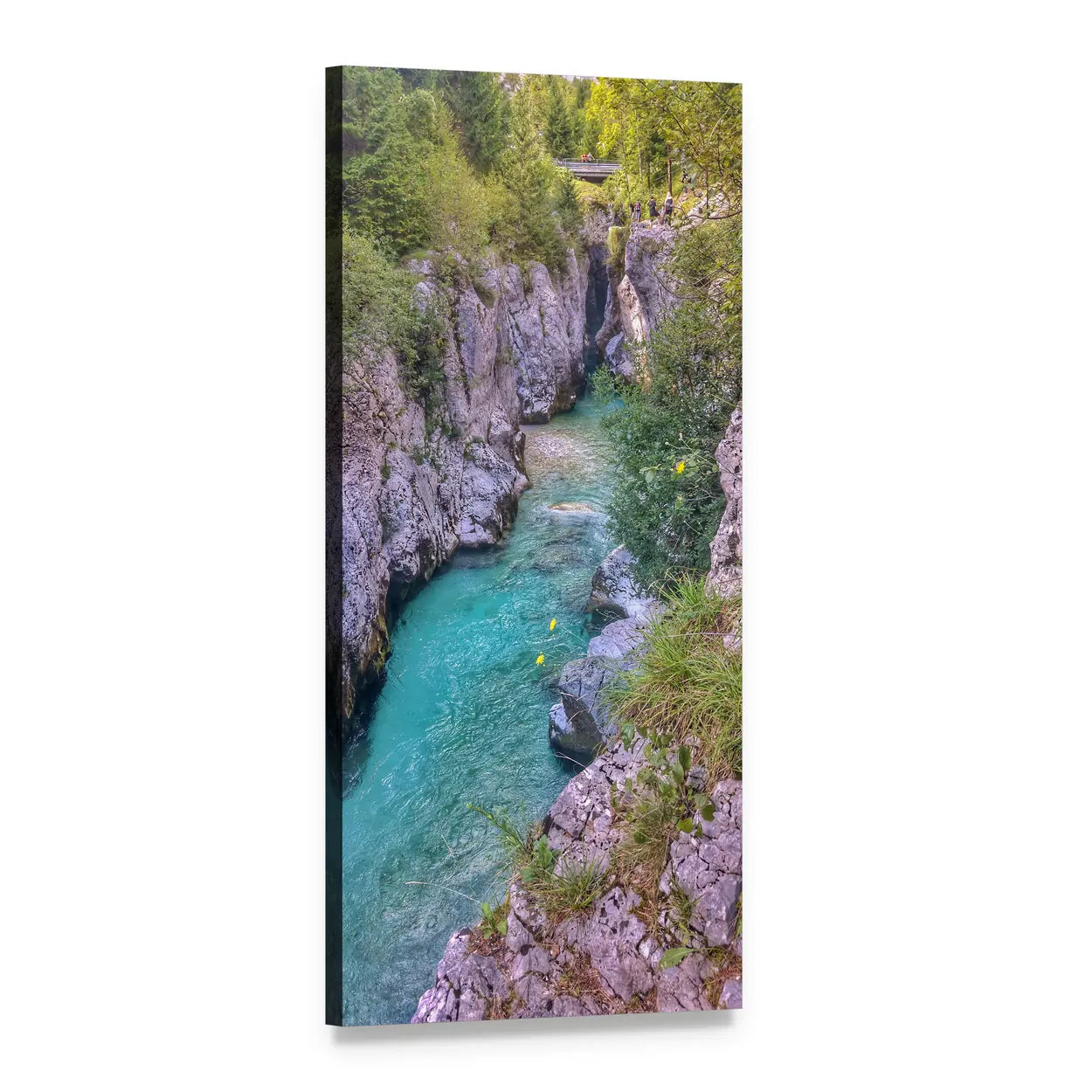 Turquoise River Through Rocky Gorge Vertical Canvas Wall Art, 1 panel 1 Vertical layout gallery wrapped canvas set, angled product view
