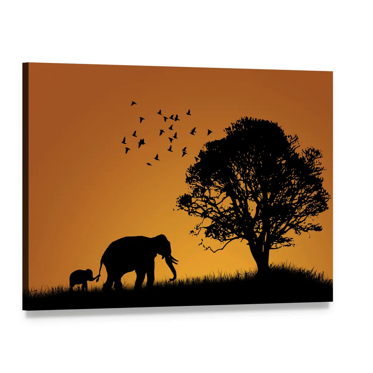 Mother Elephant and Calf at Sunset Canvas Wall Art, single panel gallery wrapped canvas, angled product view
