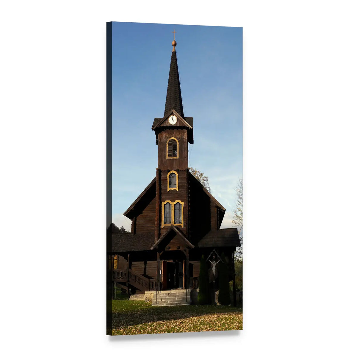 Slovakia Wooden Church with Steeple Vertical Canvas Wall Art, 1 panel 1 Vertical layout gallery wrapped canvas set, angled product view