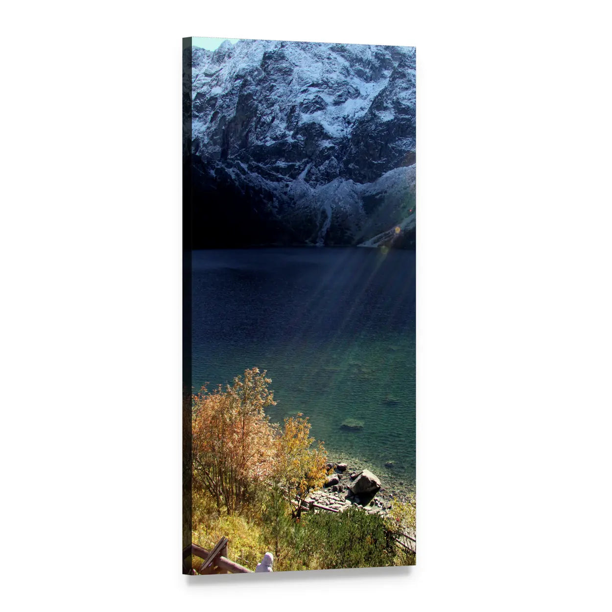 Sunlit Mountain Lake with Snow-capped Peaks Vertical Canvas Wall Art, 1 panel 1 Vertical layout gallery wrapped canvas set, angled product view