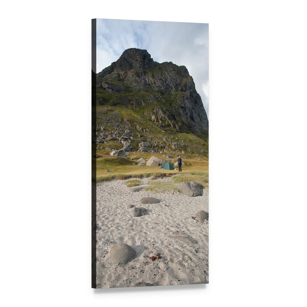 Mountain Beach with Tents and Lone Figure Vertical Canvas Wall Art, 1 panel 1 Vertical layout gallery wrapped canvas set, angled product view