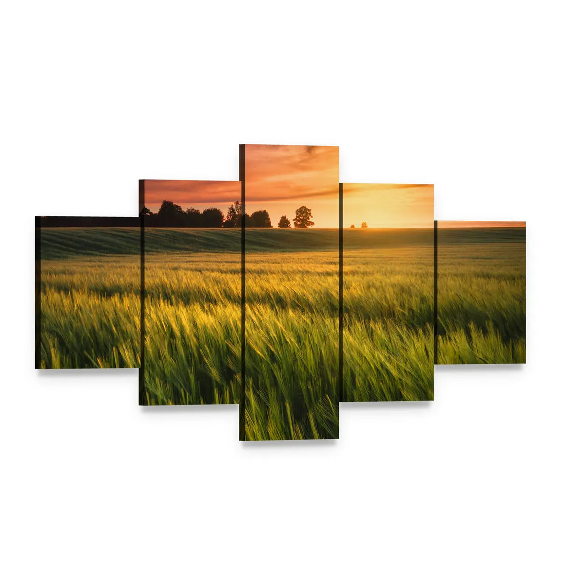 Sunset Over a Wheat Field Canvas Wall Art, 5 panel 5 Star layout gallery wrapped canvas set, angled product view