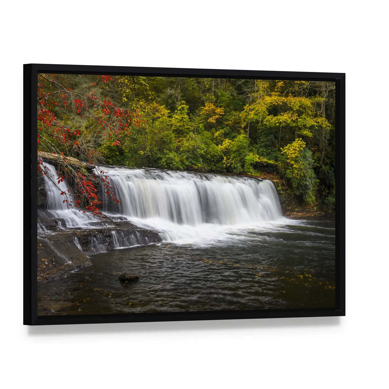 Dupont State Forest Waterfall Canvas Wall Art, framed canvas in a black floater frame, angled product view