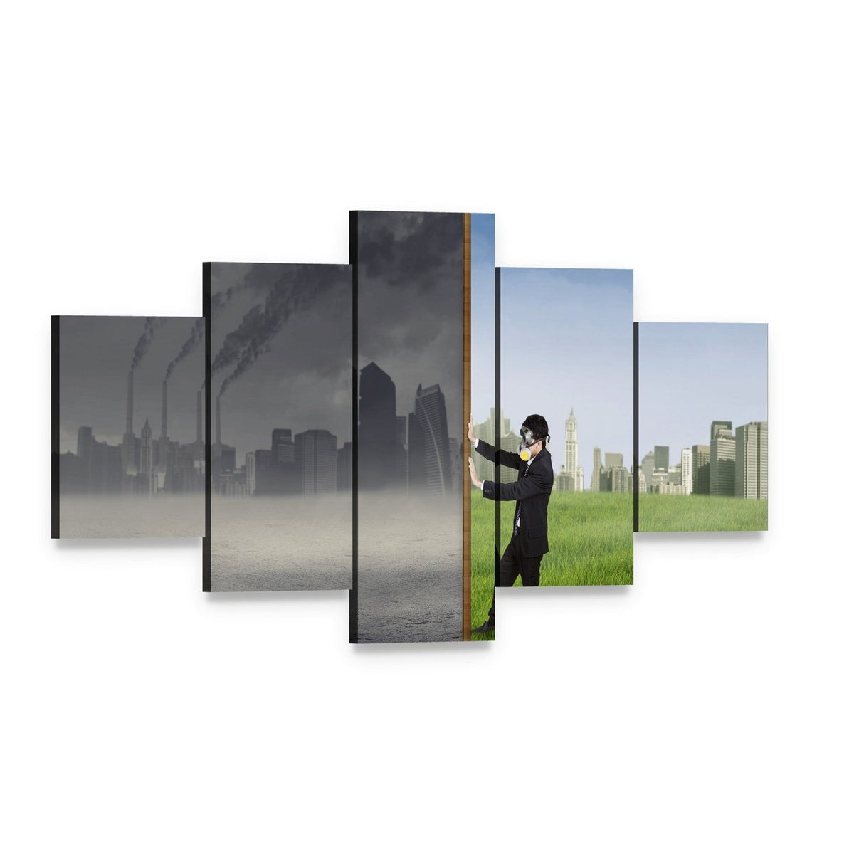 Pollution and Clean Environment Contrast Canvas Wall Art, 5 panel 5 Star layout gallery wrapped canvas set, angled product view