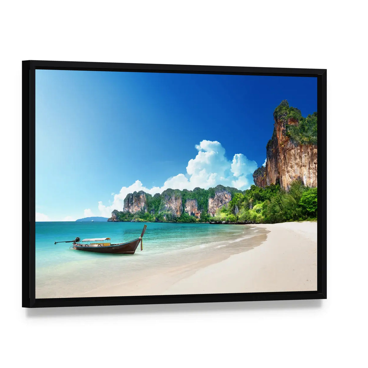 Railay Beach In Krabi Thailand Canvas Wall Art, framed canvas in a black floater frame, angled product view