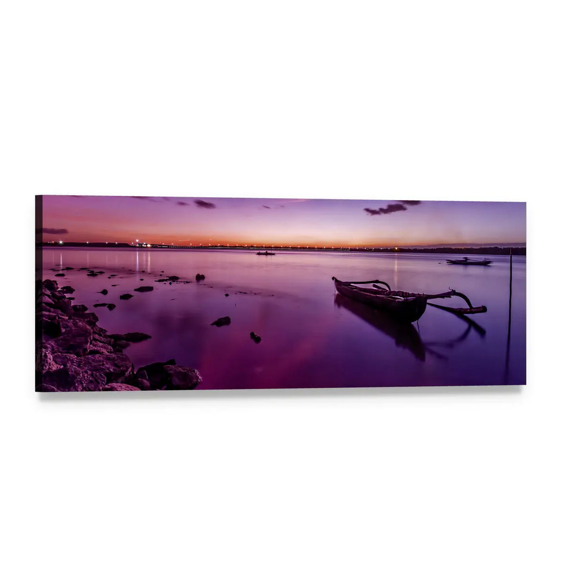 Lavender Beach Sunset with Outrigger Boat Panoramic Canvas Wall Art, single panel gallery wrapped canvas, angled product view