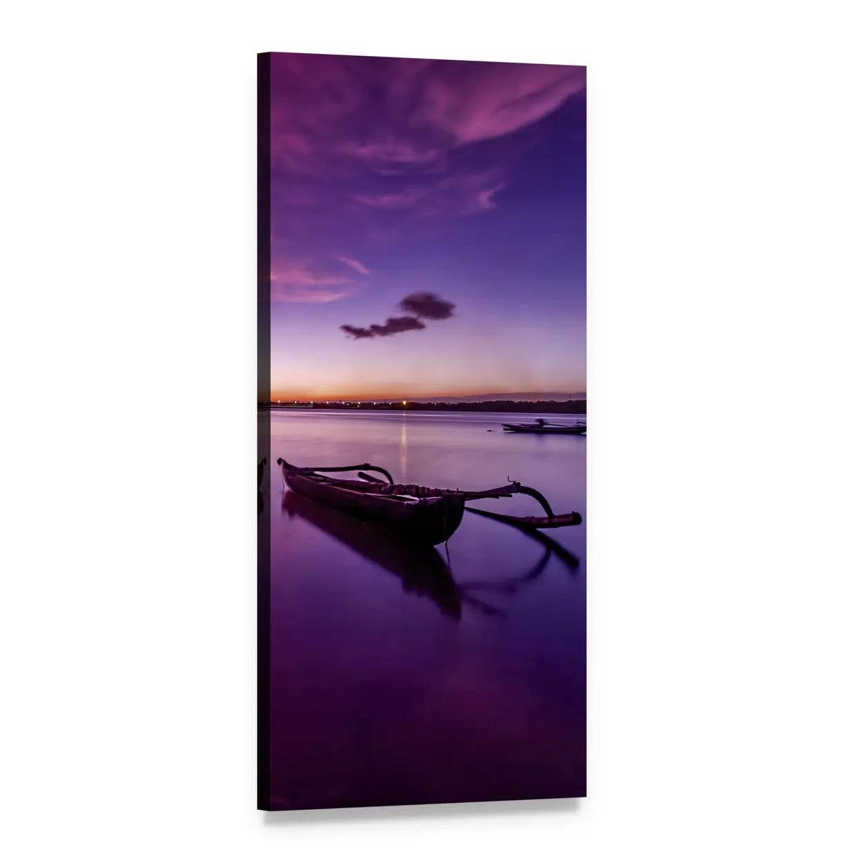 Bali Outrigger Boat at Twilight Vertical Canvas Wall Art, 1 panel 1 Vertical layout gallery wrapped canvas set, angled product view