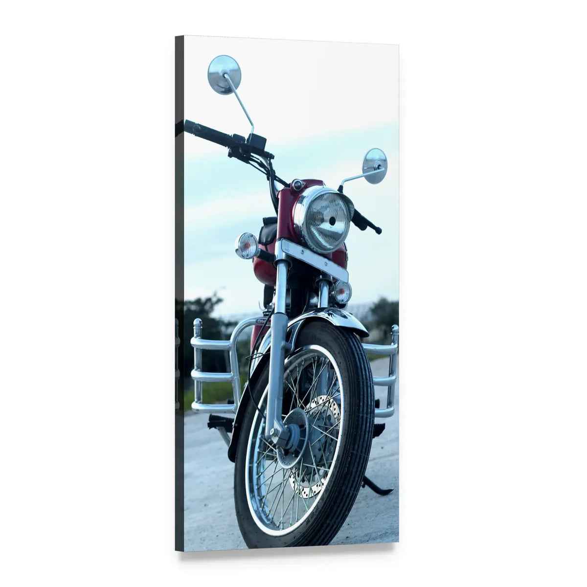 Vintage Red Motorcycle Front View Vertical Canvas Wall Art, 1 panel 1 Vertical layout gallery wrapped canvas set, angled product view