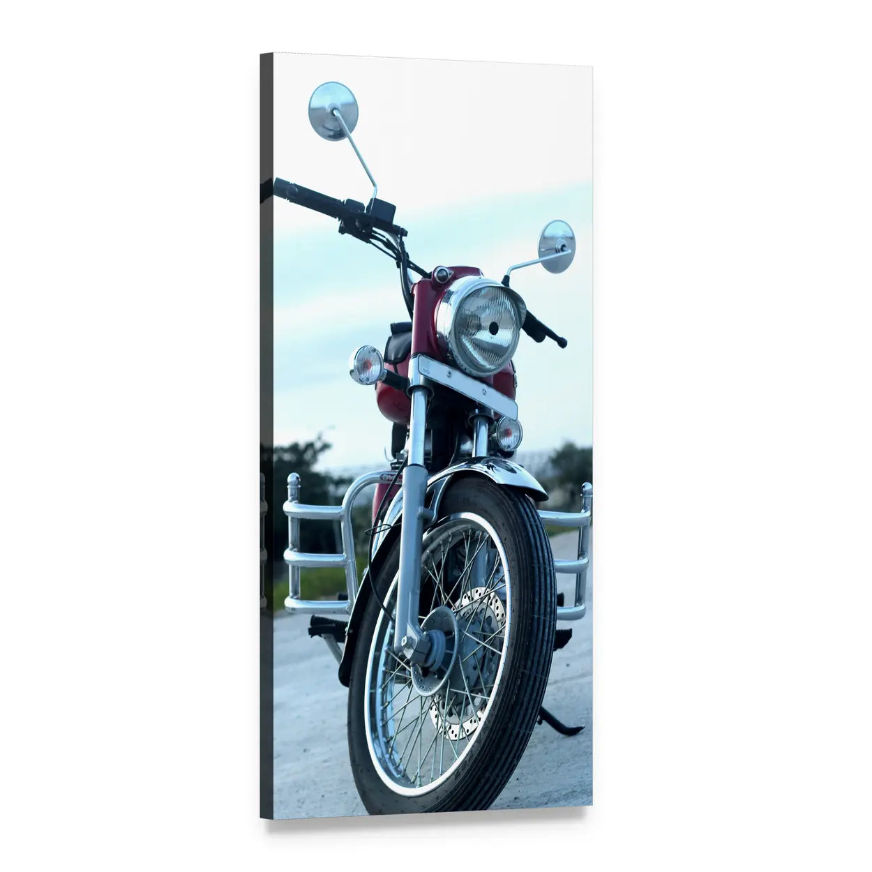 Vintage Red Motorcycle Front View Vertical Canvas Wall Art, 1 panel 1 Vertical layout gallery wrapped canvas set, angled product view