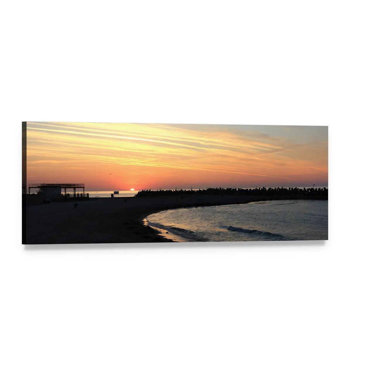 Evening Beach Sunset Over Ocean Panoramic Canvas Wall Art, single panel gallery wrapped canvas, angled product view