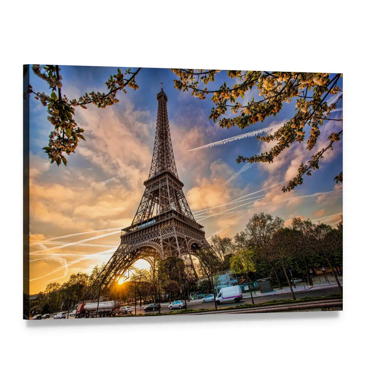 Eiffel Tower at Spring Sunset Canvas Wall Art, single panel gallery wrapped canvas, angled product view