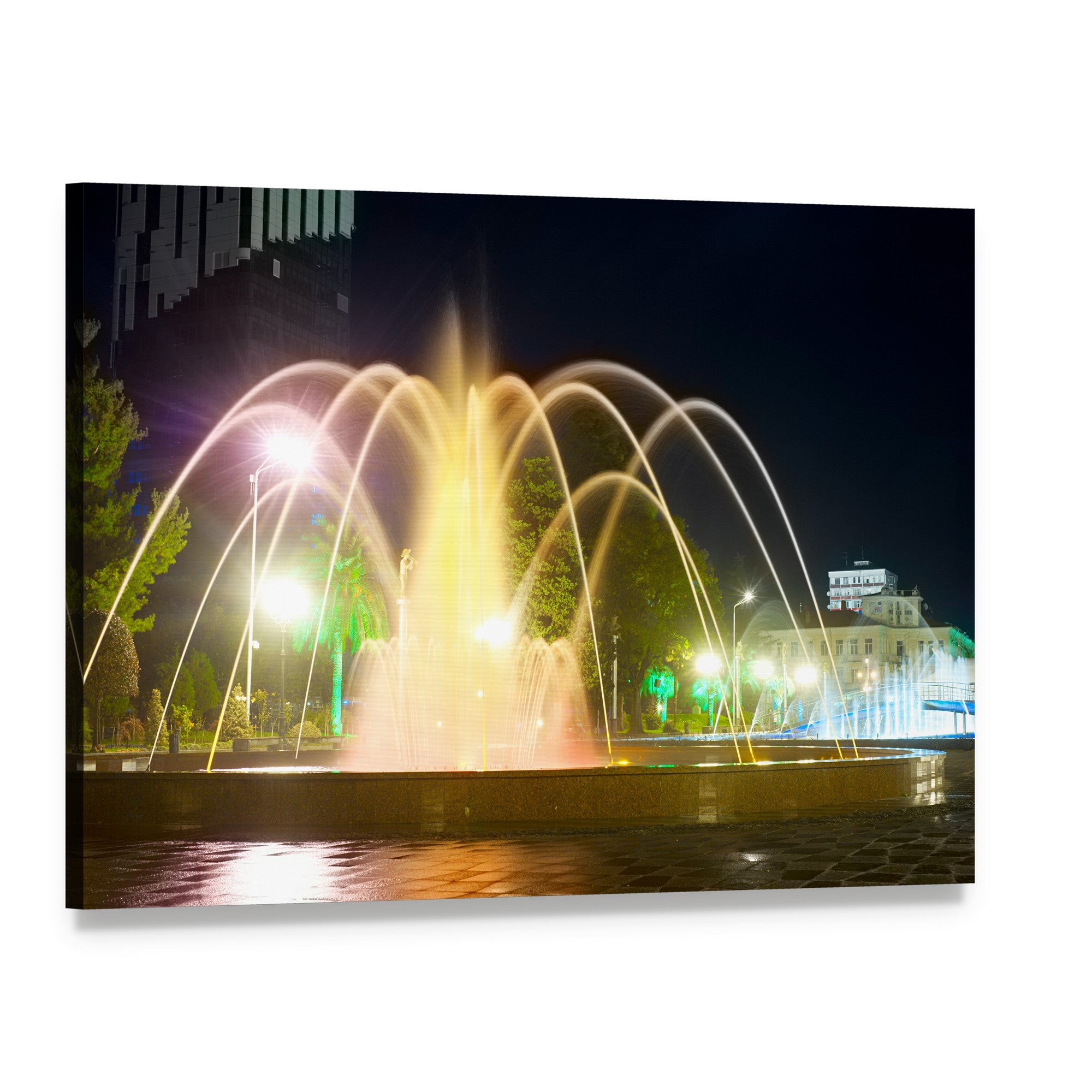 Vibrant Dancing Fountains at Night Canvas Wall Art, single panel gallery wrapped canvas, angled product view