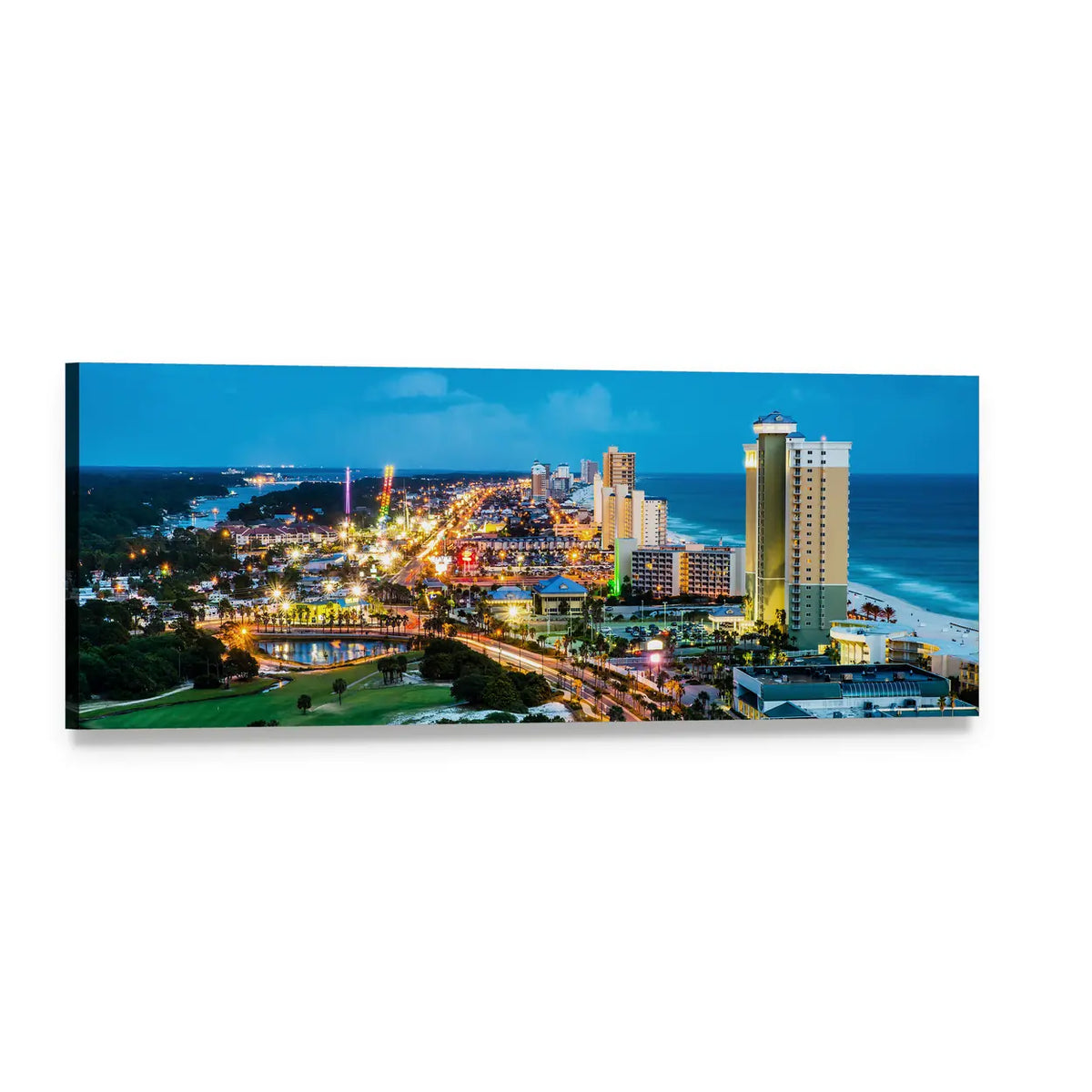 Panama City Beach Skyline at Twilight Panoramic Canvas Wall Art, single panel gallery wrapped canvas, angled product view