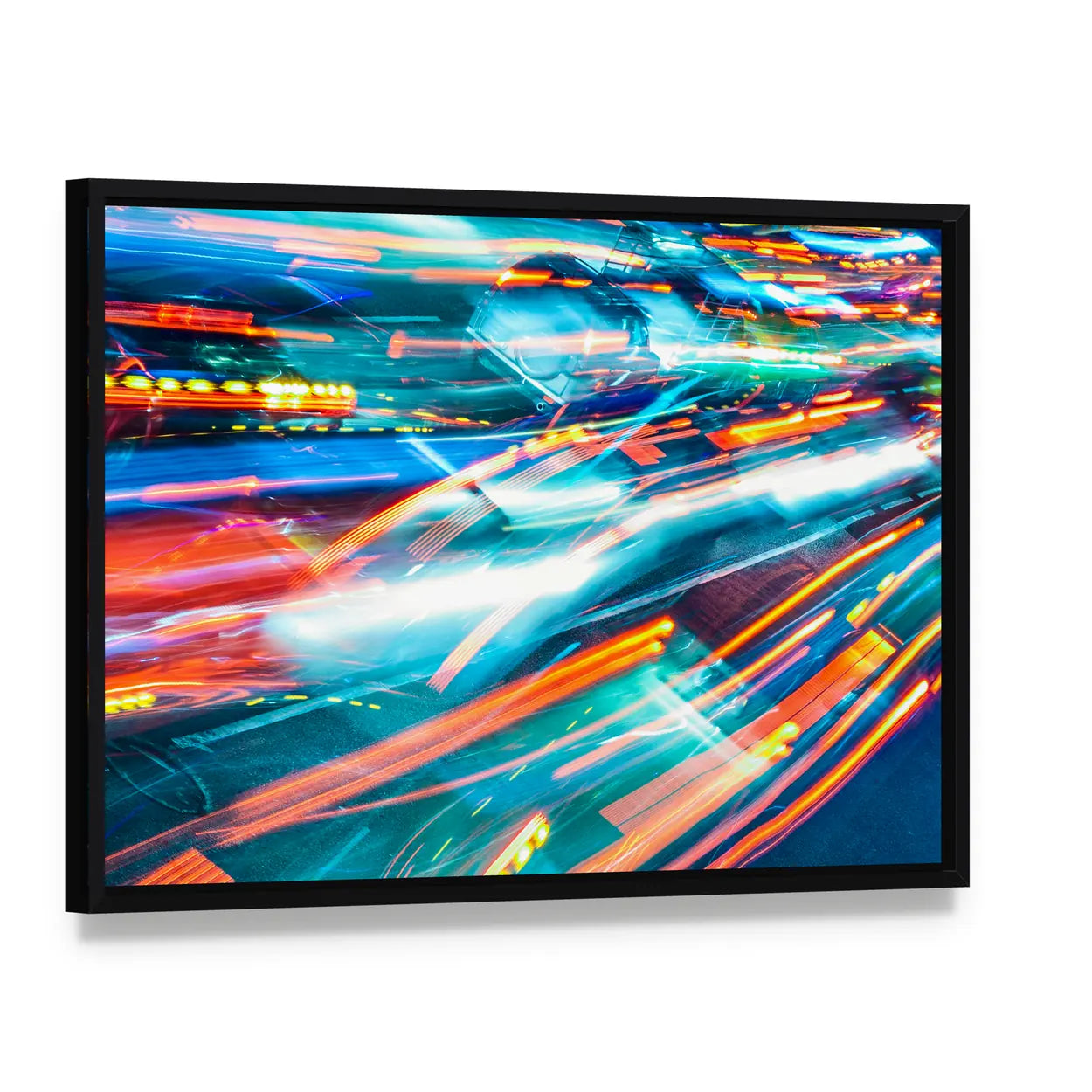 Car Lights Trails Canvas Wall Art, framed canvas in a black floater frame, angled product view
