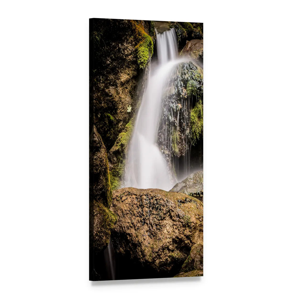 Small Moss-covered Waterfall Vertical Canvas Wall Art, 1 panel 1 Vertical layout gallery wrapped canvas set, angled product view
