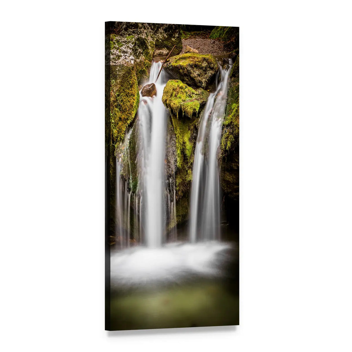 Small Forest Waterfall with Moss-covered Rocks Vertical Canvas Wall Art, 1 panel 1 Vertical layout gallery wrapped canvas set, angled product view