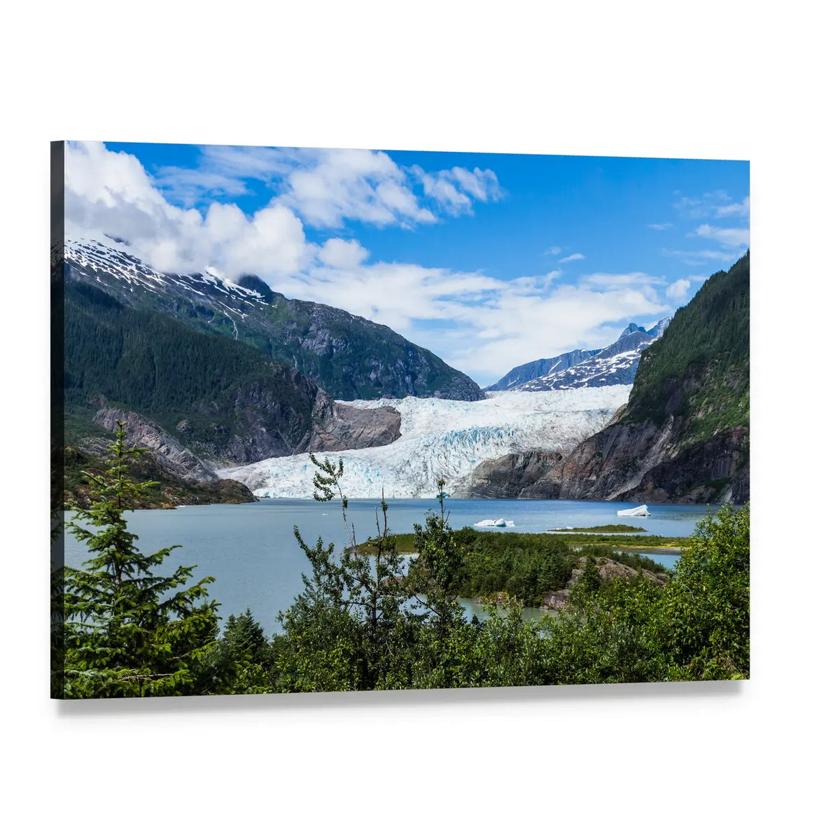 Mendenhall Glacier and Lake Canvas Wall Art, single panel gallery wrapped canvas, angled product view