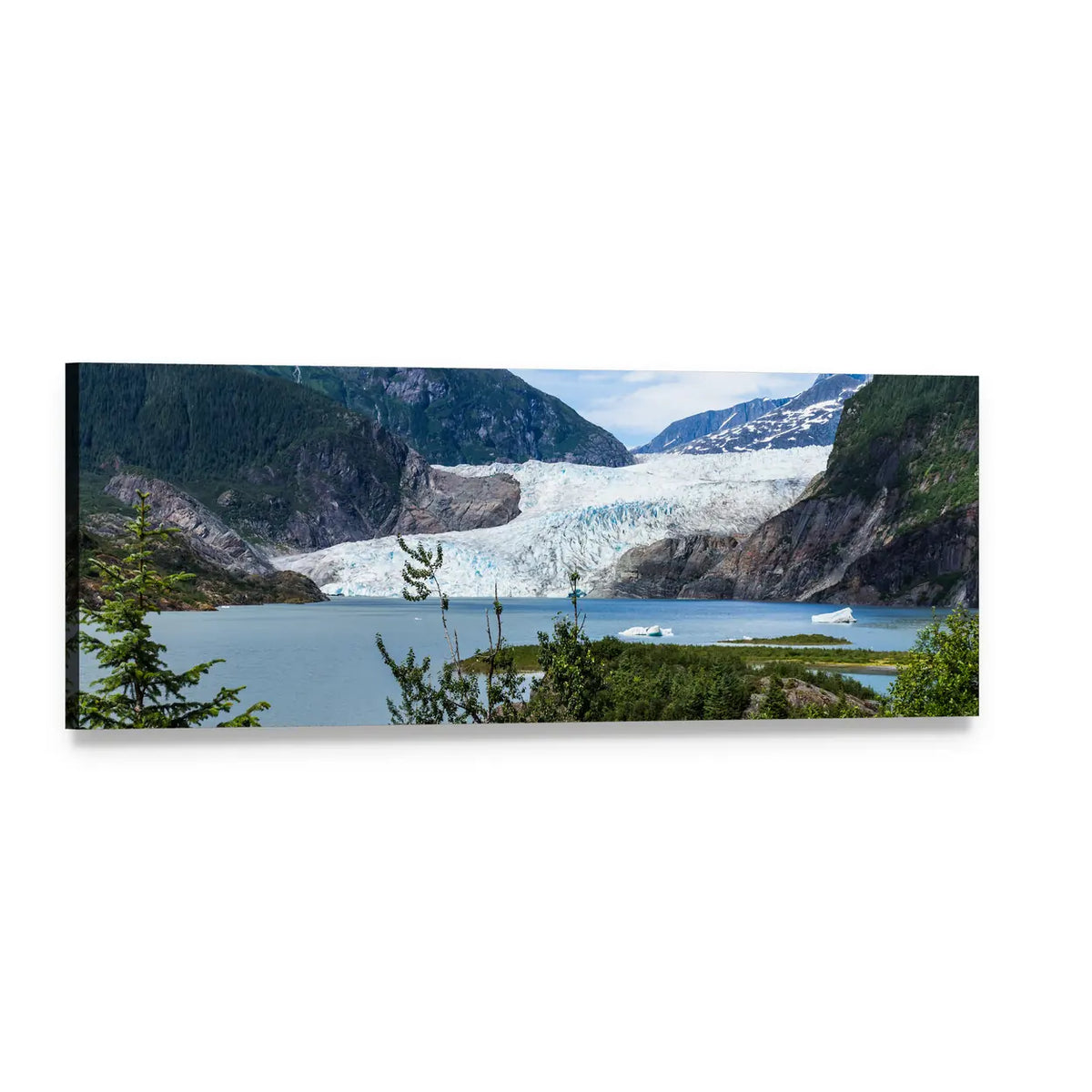 Mendenhall Glacier and Lake Panoramic Canvas Wall Art, single panel gallery wrapped canvas, angled product view